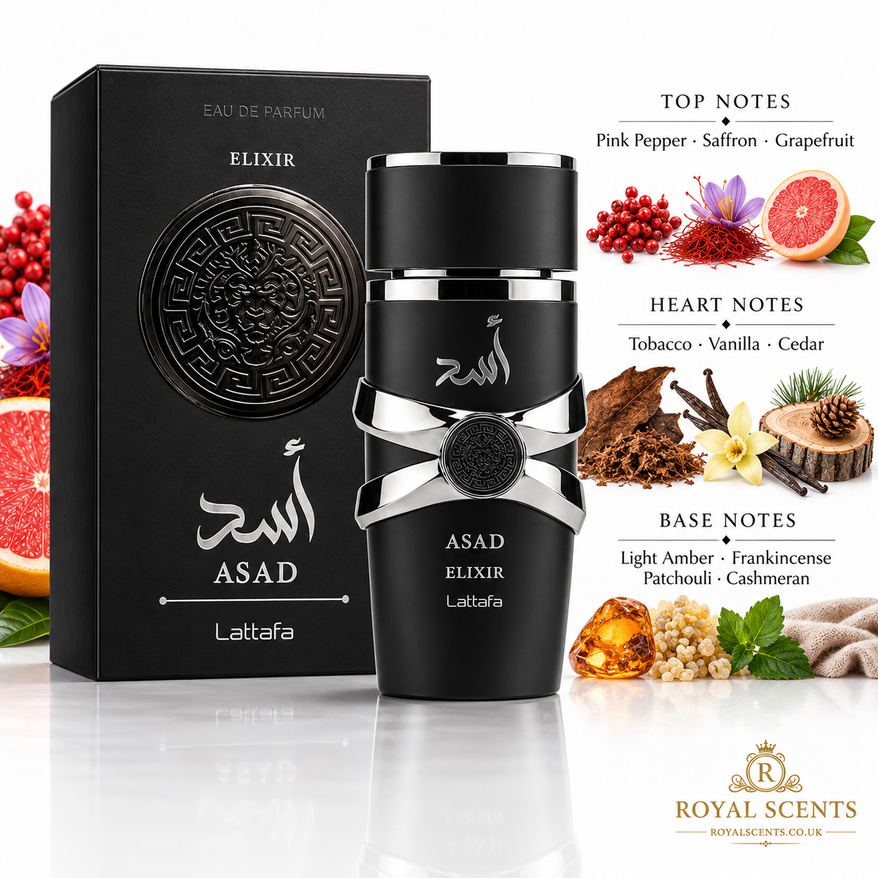 Lattafa Asad Elixir note pyramid — pink pepper, saffron and grapefruit top notes; tobacco, vanilla and cedar heart; light amber, frankincense, patchouli and cashmeran base