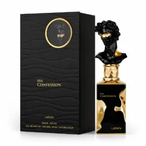 Lattafa His Confession 100ml eau de parfum bottle, an iris and incense fragrance
