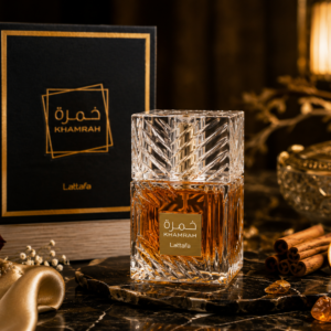 Lattafa Khamrah eau de parfum 100ml bottle with its presentation box
