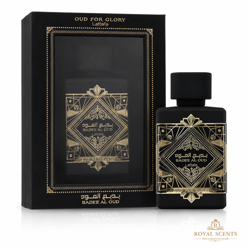 Lattafa Bade'e Al Oud Oud for Glory 100ml eau de parfum bottle, an Initio Oud for Greatness style fragrance