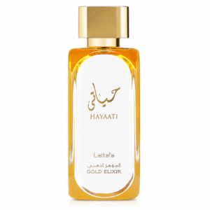 Lattafa Hayaati Gold Elixir 100ml eau de parfum bottle, an Armani Code Profumo style fragrance