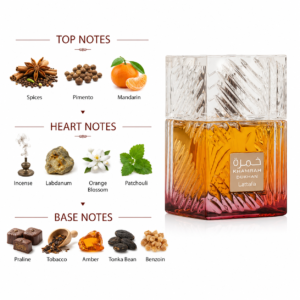 Fragrance note pyramid for Lattafa Khamrah Dukhan, showing its top, heart and base notes