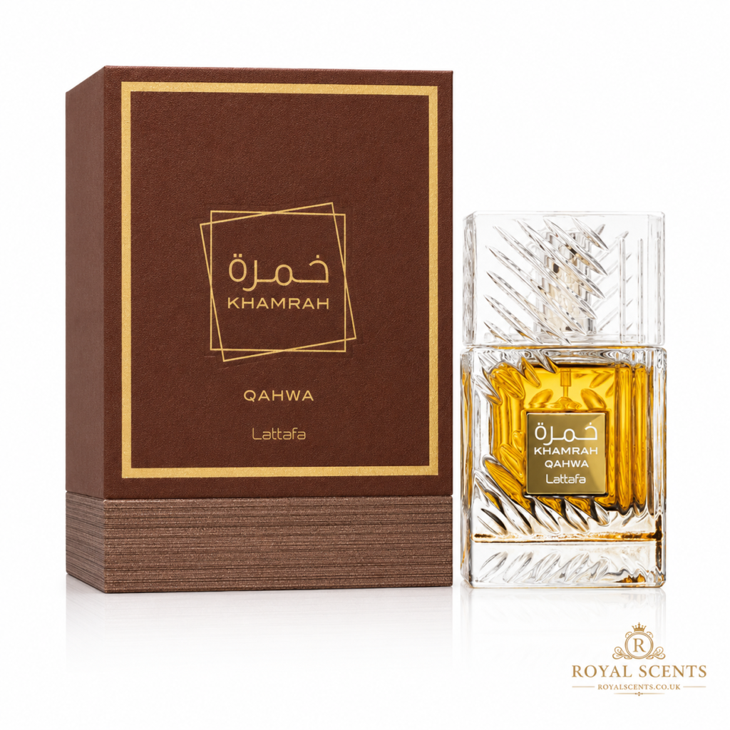 Lattafa Khamrah Qahwa 100ml eau de parfum bottle, a coffee and dates gourmand