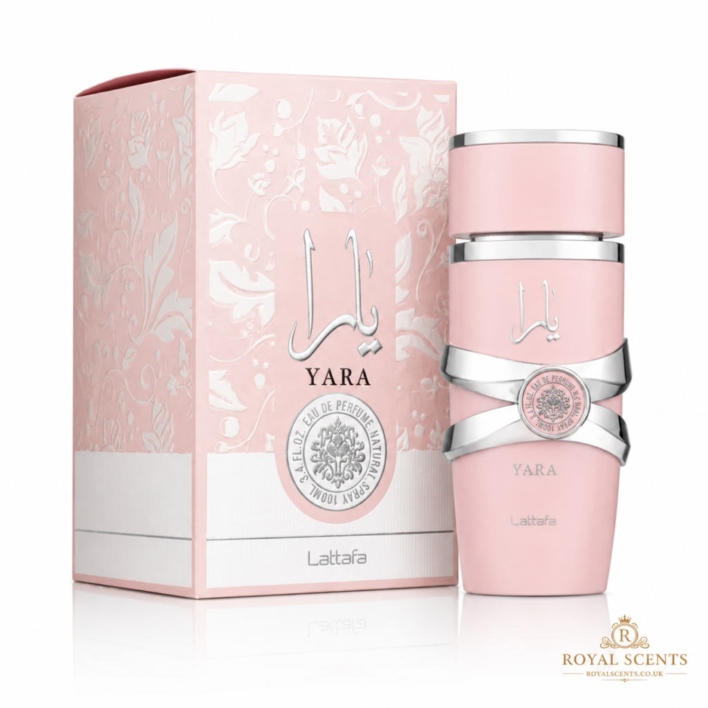 Lattafa Yara 100ml eau de parfum bottle, a creamy tropical gourmand in the style of Sol de Janeiro Cheirosa 62