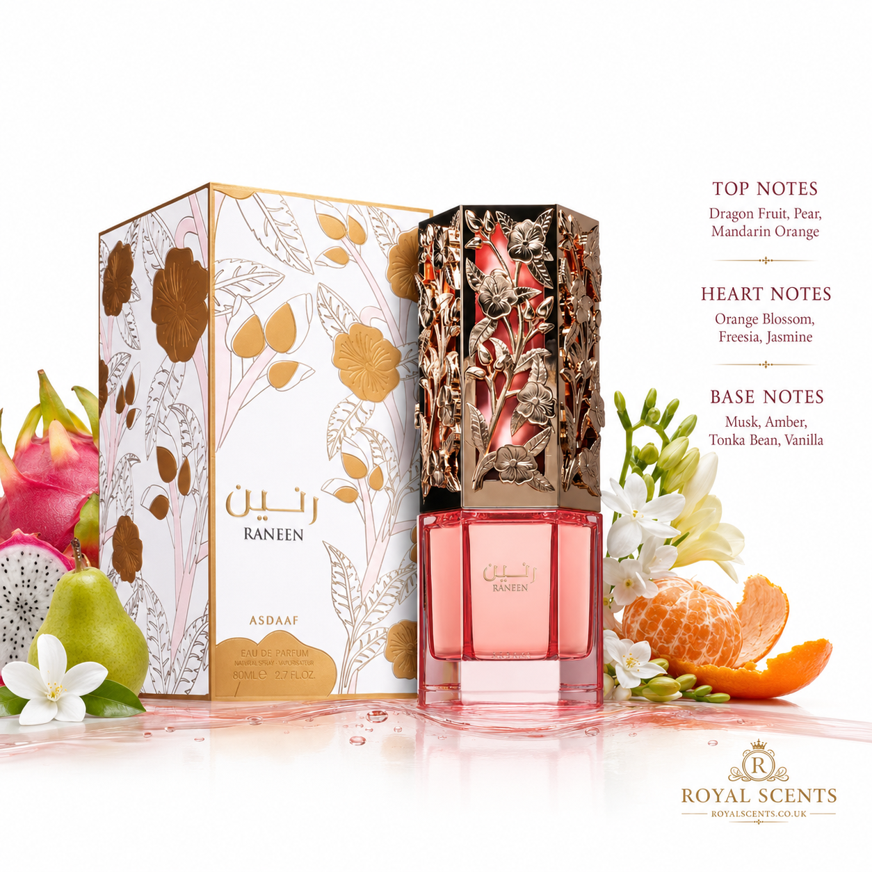 Lattafa Asdaaf Raneen notes: dragon fruit, pear, mandarin, jasmine, freesia, orange blossom, vanilla, tonka bean, amber, musk