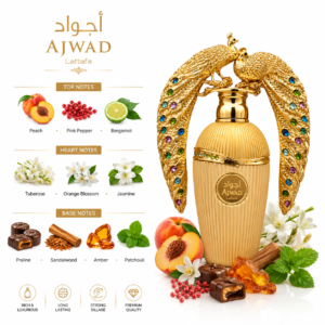 Fragrance note pyramid for Lattafa Afeef, showing its top, heart and base notes