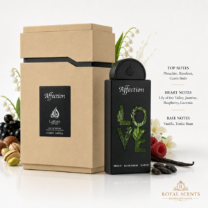 Lattafa Affection fragrance notes: raspberry top, pistachio heart and vanilla base