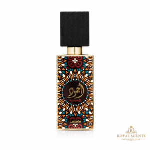 Lattafa Ajwad 60ml EDP bottle, an oriental rose, amber and vanilla fragrance
