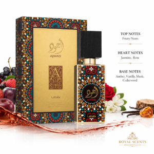 Lattafa Ajwad fragrance notes: rose top, amber heart and vanilla base