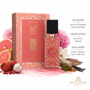 Lattafa Ajwad Pink to Pink fragrance notes: raspberry top, rose heart and musk base