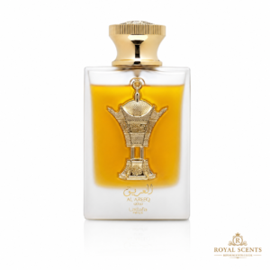 Lattafa Al Areeq Gold 100ml EDP bottle, a saffron, leather and incense fragrance