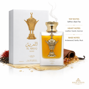 Lattafa Al Areeq Gold fragrance notes: saffron top, leather heart and incense base