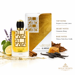 Lattafa Al Awsaaf fragrance notes: smoky oud and woods across the top, heart and base