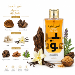 Fragrance note pyramid for Lattafa Ameer Al Oudh Intense Oud, showing its top, heart and base notes