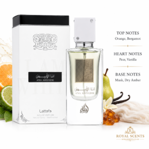 Lattafa Ana Abiyedh fragrance notes: fresh pear top notes over a vanilla base
