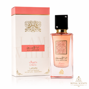 Lattafa Ana Abiyedh Coral 100ml eau de parfum bottle, a watermelon and peach fragrance