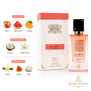 Fragrance note pyramid for Lattafa Ana Abiyedh Coral, showing its top, heart and base notes