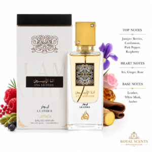 Lattafa Ana Abiyedh Leather fragrance notes: raspberry top, iris heart and leather base