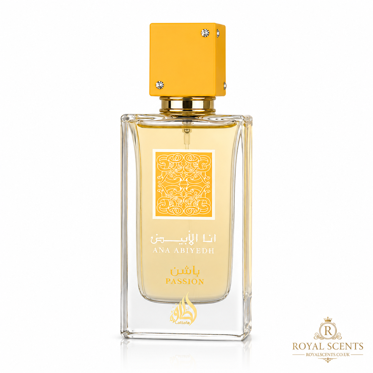Lattafa Ana Abiyedh Passion 100ml eau de parfum bottle, a passion fruit and vanilla fragrance