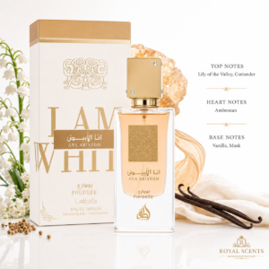Lattafa Ana Abiyedh Poudree fragrance notes: the powdery floral musk top, heart and base notes