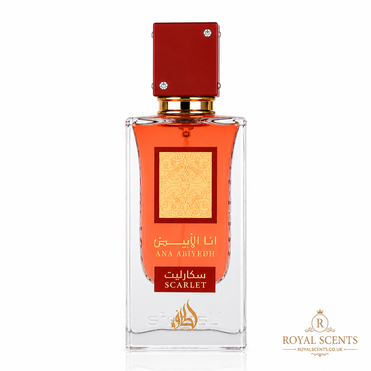 Lattafa Ana Abiyedh Scarlet eau de parfum 100ml bottle on a plain background