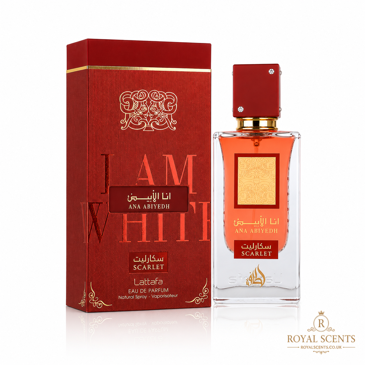 Lattafa Ana Abiyedh Scarlet 100ml eau de parfum, cherry and rose gourmand bottle