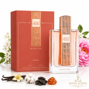 Fragrance note pyramid for Lattafa Angham Second Song, showing its top, heart and base notes