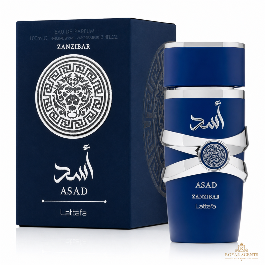 Lattafa Asad Zanzibar 100ml eau de parfum bottle, the salty coconut and incense summer Asad