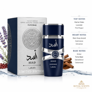 Lattafa Asad Zanzibar Limited Edition notes: marine, lavender, pink pepper, cinnamon, black soap, cashmeran, tonka bean, amber, cedarwood, sandalwood