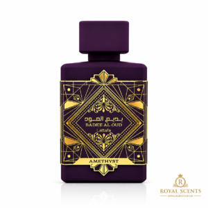 Lattafa Bade'e Al Oud Amethyst 100ml eau de parfum bottle, a rose and oud fragrance