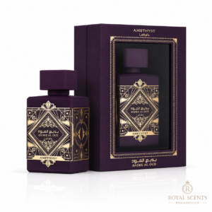 Lattafa Bade'e Al Oud Amethyst rose and oud eau de parfum, 100ml bottle shown with its packaging