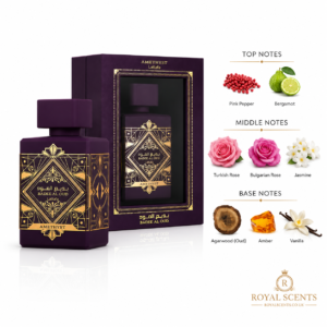 Fragrance note pyramid for Lattafa Bade'e Al Oud Amethyst, showing its top, heart and base notes