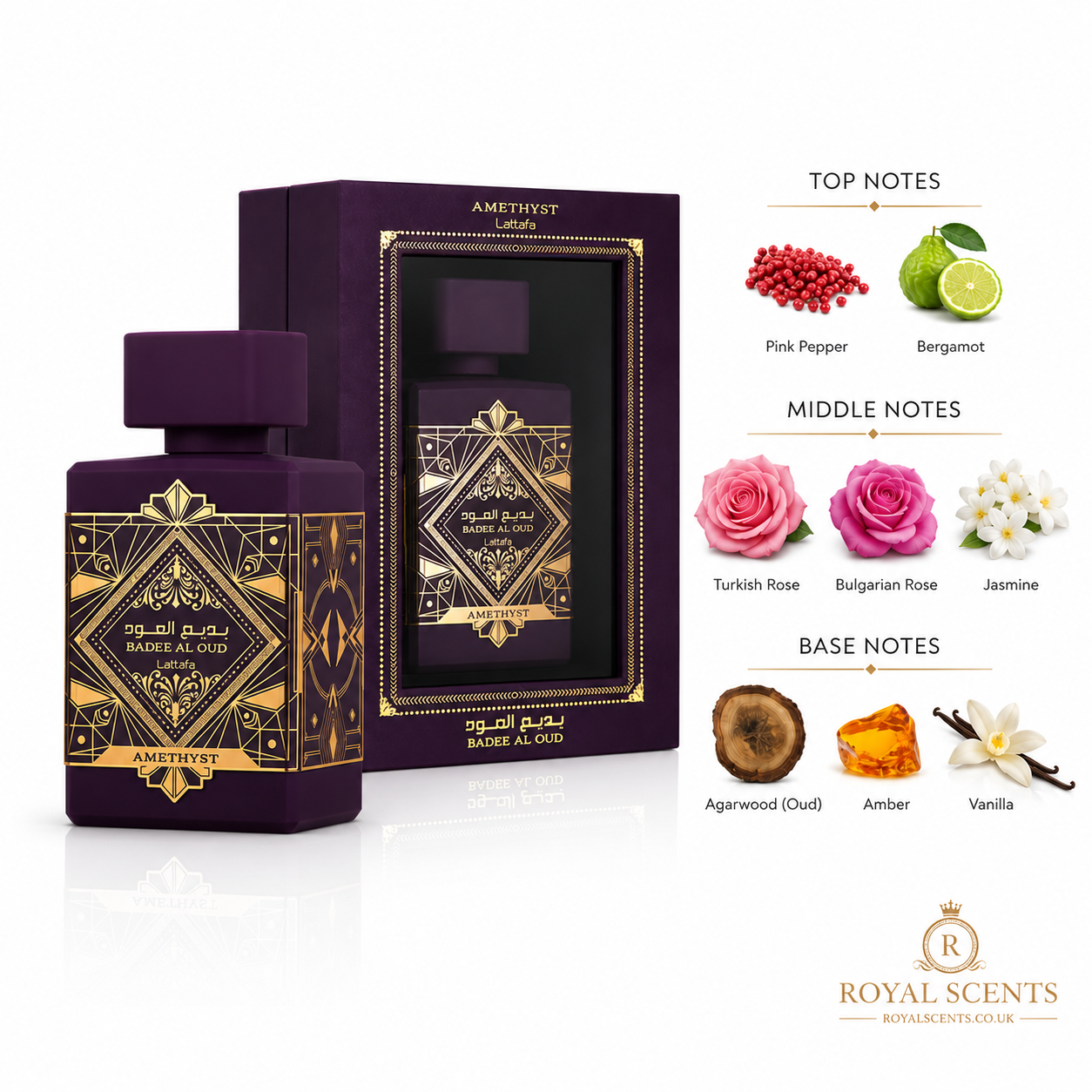 Fragrance note pyramid for Lattafa Bade'e Al Oud Amethyst, showing its top, heart and base notes