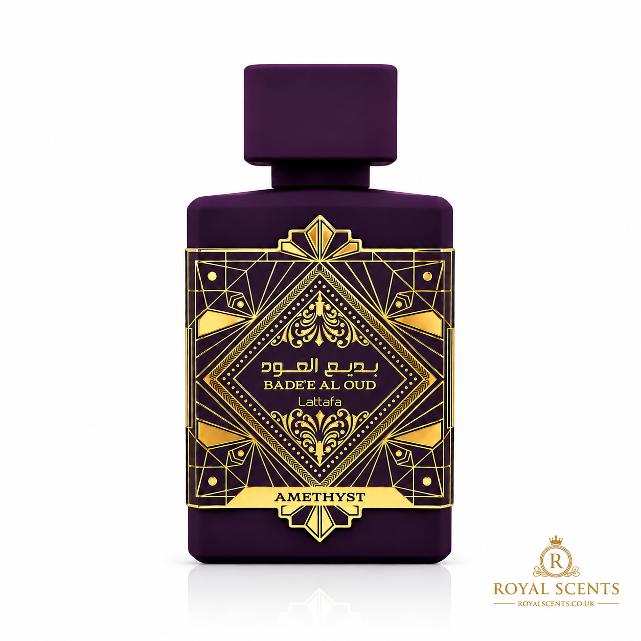 Lattafa Bade'e Al Oud Amethyst 100ml eau de parfum bottle, a rose and oud fragrance