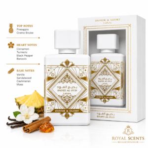 Fragrance note pyramid for Lattafa Bade'e Al Oud Honor and Glory, showing its top, heart and base notes