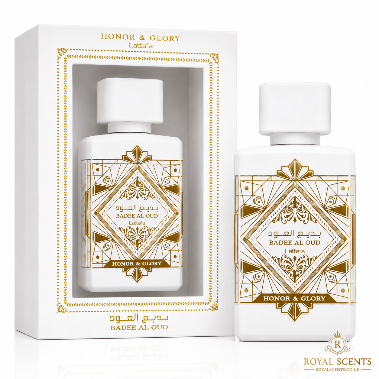 Lattafa Bade'e Al Oud Honor and Glory eau de parfum 100ml bottle shown front-on