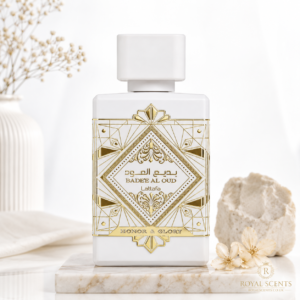 Lattafa Bade'e Al Oud Honor and Glory 100ml eau de parfum bottle, a pineapple crème brûlée fragrance