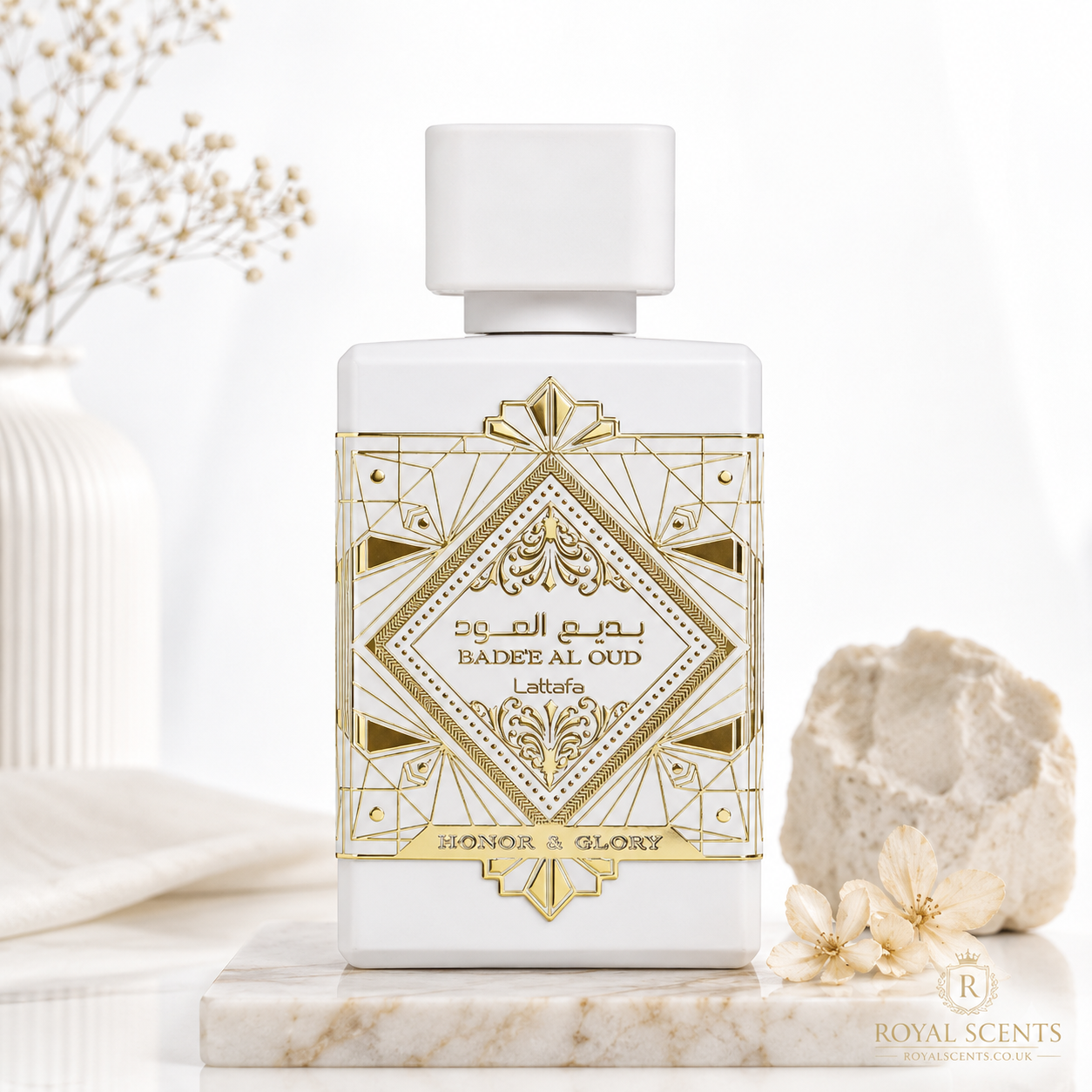 Lattafa Bade'e Al Oud Honor and Glory 100ml eau de parfum bottle, a pineapple crème brûlée fragrance