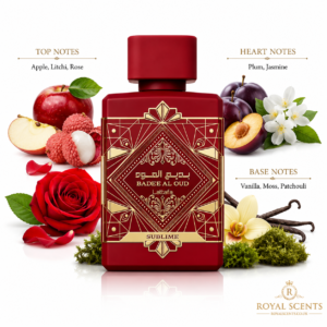 Fragrance note pyramid for Lattafa Bade'e Al Oud Sublime, showing its top, heart and base notes