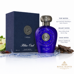 Lattafa Blue Oud notes: agarwood, black pepper, apple, bergamot, saffron, sage, jasmine, ambergris, guaiac wood, sandalwood