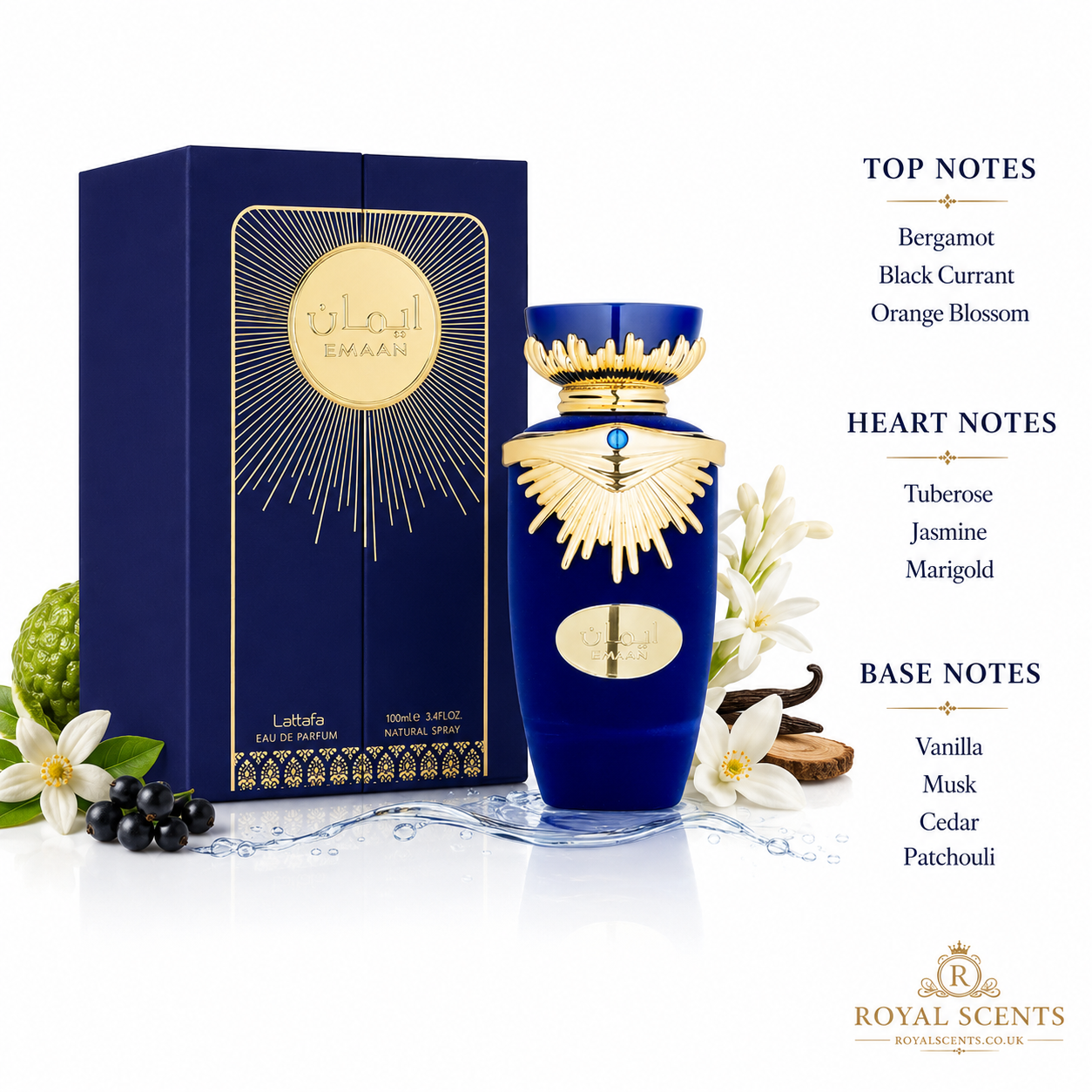 Lattafa Emaan notes: bergamot, blackcurrant, orange blossom, tuberose, jasmine, marigold, vanilla, musk, patchouli, cedarwood