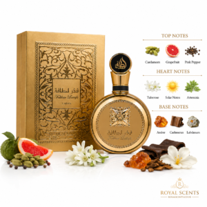 Fragrance note pyramid for Lattafa Fakhar Extrait, showing its top, heart and base notes