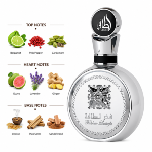 Fragrance note pyramid for Lattafa Fakhar Platinum, showing its top, heart and base notes
