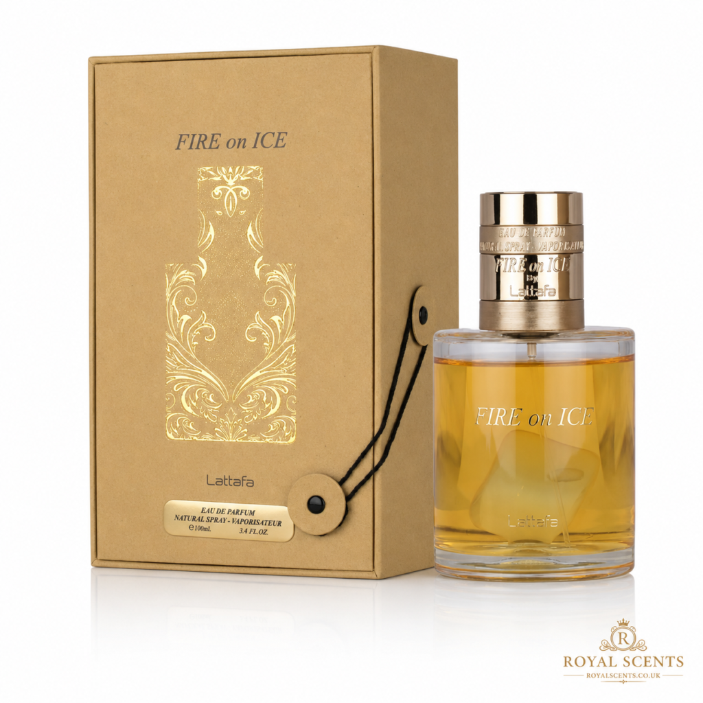 Lattafa Fire On Ice 110ml EDP bottle - boozy raspberry and cognac perfume UK