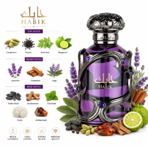 Fragrance note pyramid for Lattafa Habik For Men, showing its top, heart and base notes