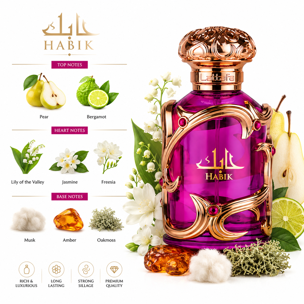 Fragrance note pyramid for Lattafa Habik For Women, showing its top, heart and base notes