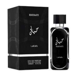 Lattafa Hayaati Black 100ml eau de parfum bottle, a Rasasi Hawas style aquatic fragrance