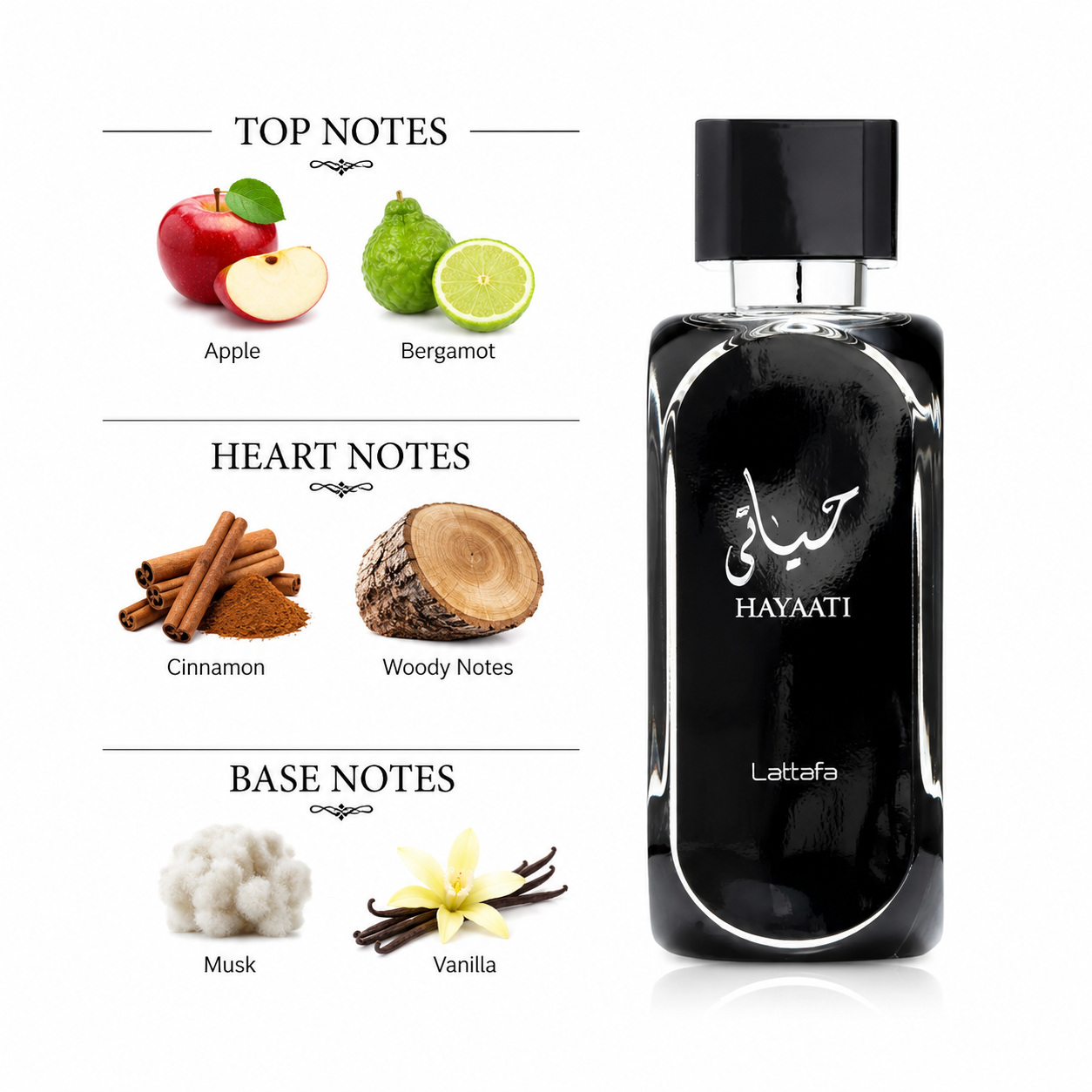 Fragrance note pyramid for Lattafa Hayaati Black, showing its top, heart and base notes