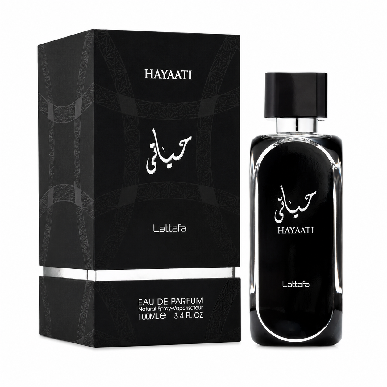 Lattafa Hayaati Black 100ml eau de parfum bottle, a Rasasi Hawas style aquatic fragrance