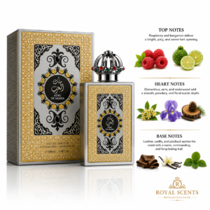 Lattafa King of Arabia fragrance notes chart, bergamot raspberry cedarwood osmanthus orris leather vanilla patchouli